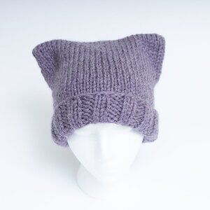 Cat Ear Chunky Hand Knit Alpaca Beanie in Purple